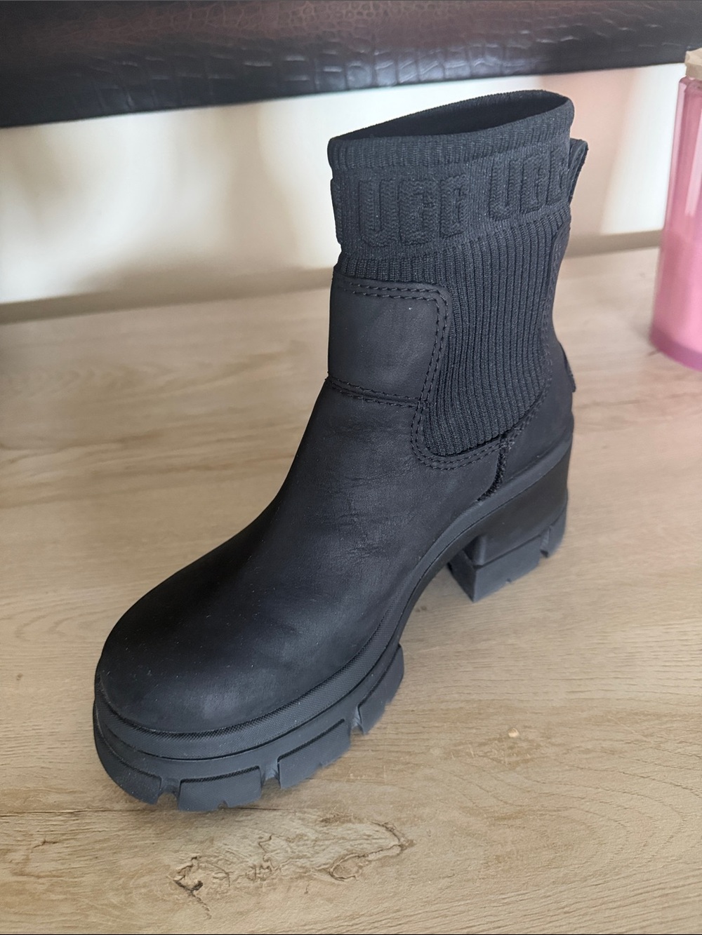 UGG Black Knit-Cuff Platform Ankle Bootie